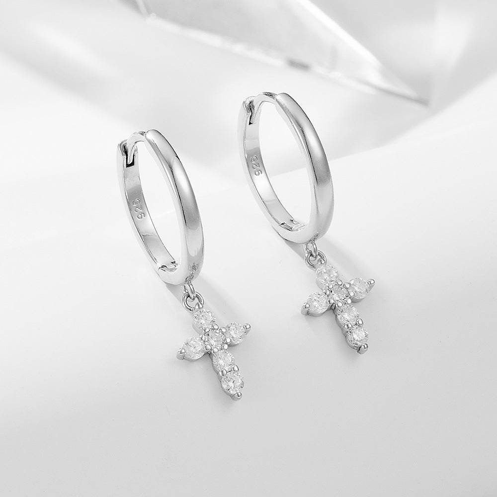 S925 pure silver geometric cross diamond studded earrings with ear buckles for women - MOWTE
