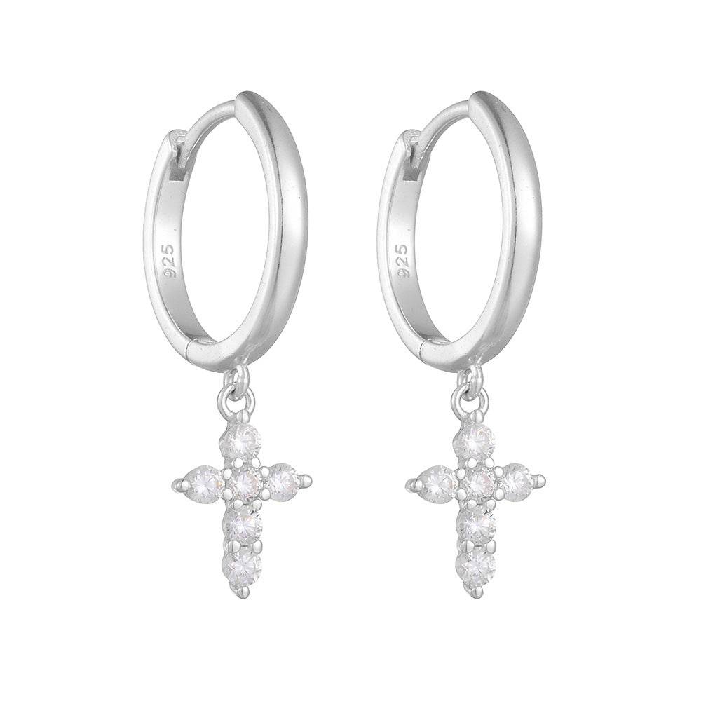 S925 pure silver geometric cross diamond studded earrings with ear buckles for women - MOWTE