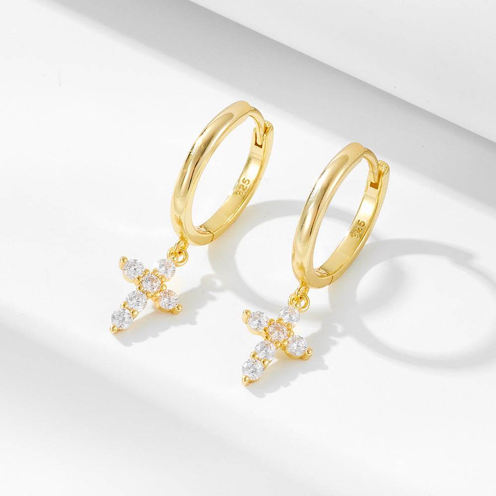S925 pure silver geometric cross diamond studded earrings with ear buckles for women - MOWTE