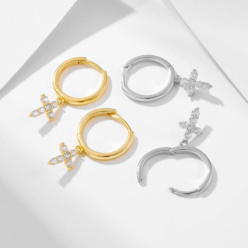 S925 pure silver geometric cross diamond studded earrings with ear buckles for women - MOWTE