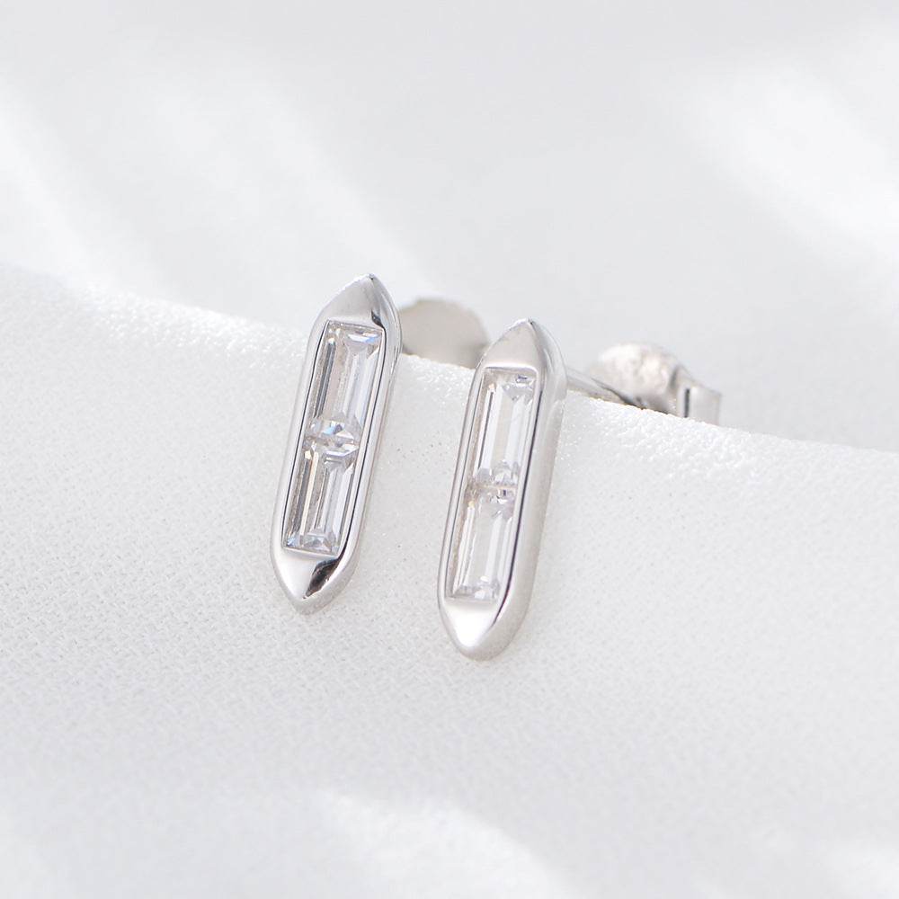 S925 pure silver minimalist geometric square bar with zircon earrings - MOWTE