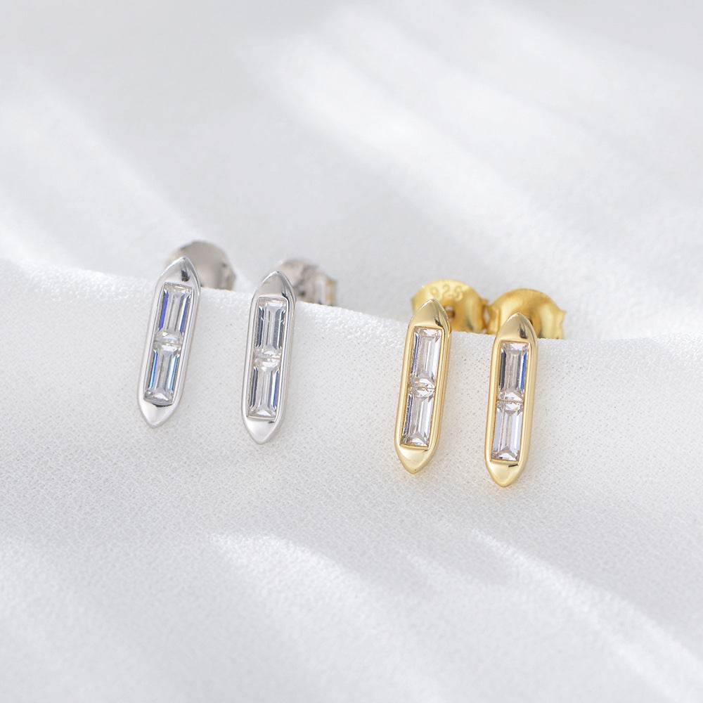 S925 pure silver minimalist geometric square bar with zircon earrings - MOWTE