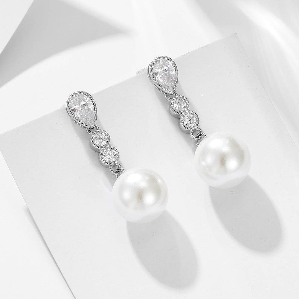 Long silver pearl earrings with light luxury and diamond studded earrings - MOWTE