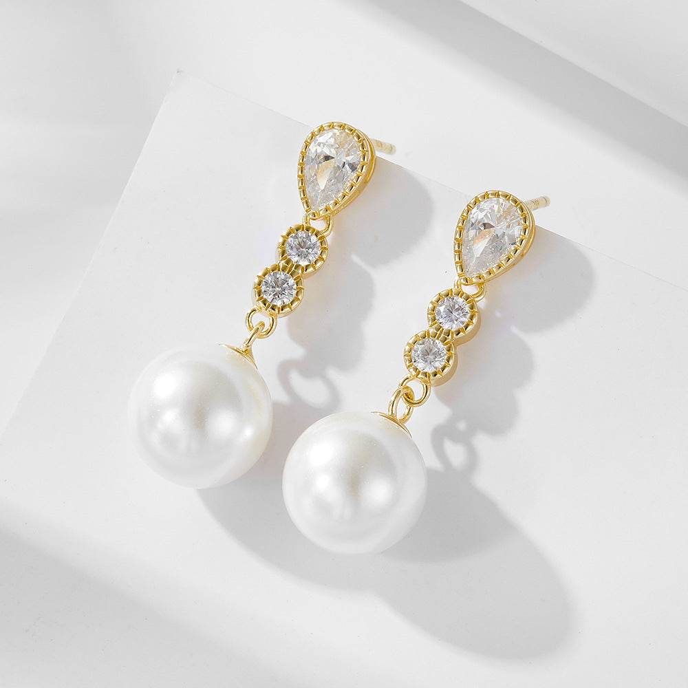 Long silver pearl earrings with light luxury and diamond studded earrings - MOWTE