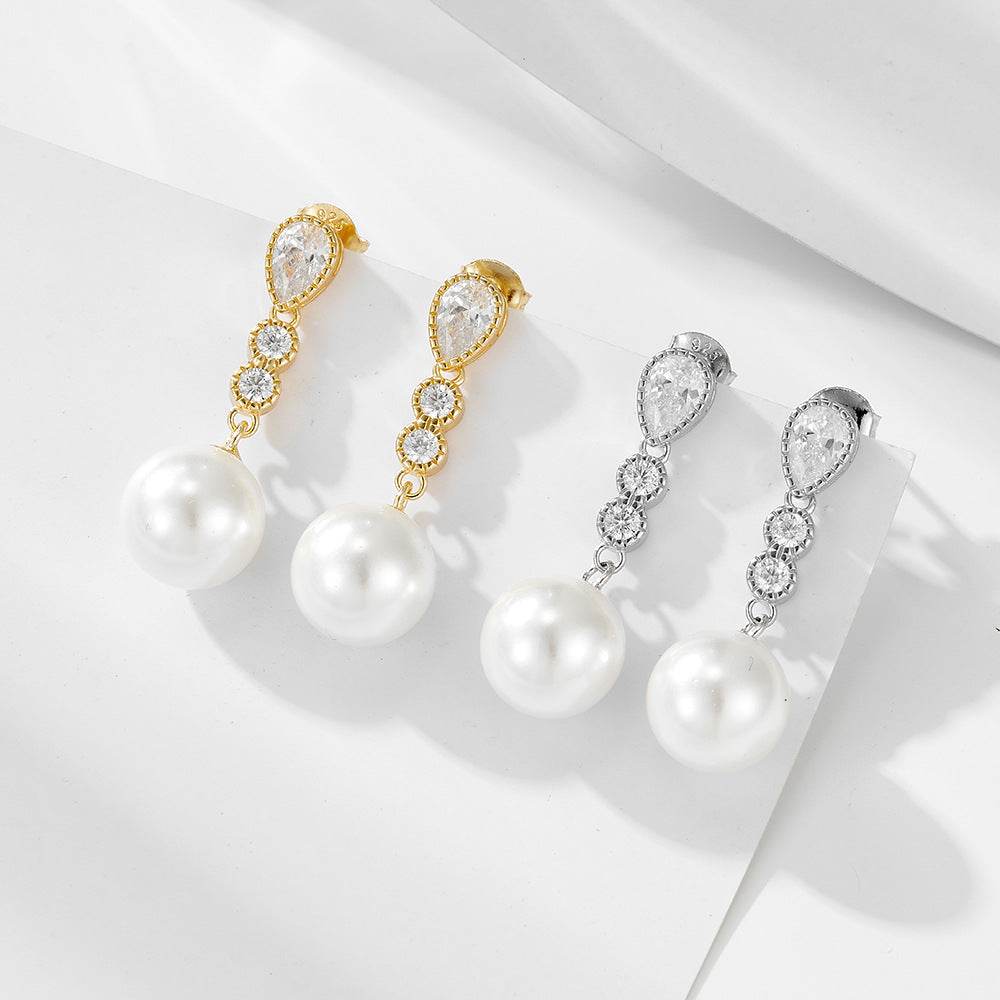 Long silver pearl earrings with light luxury and diamond studded earrings - MOWTE