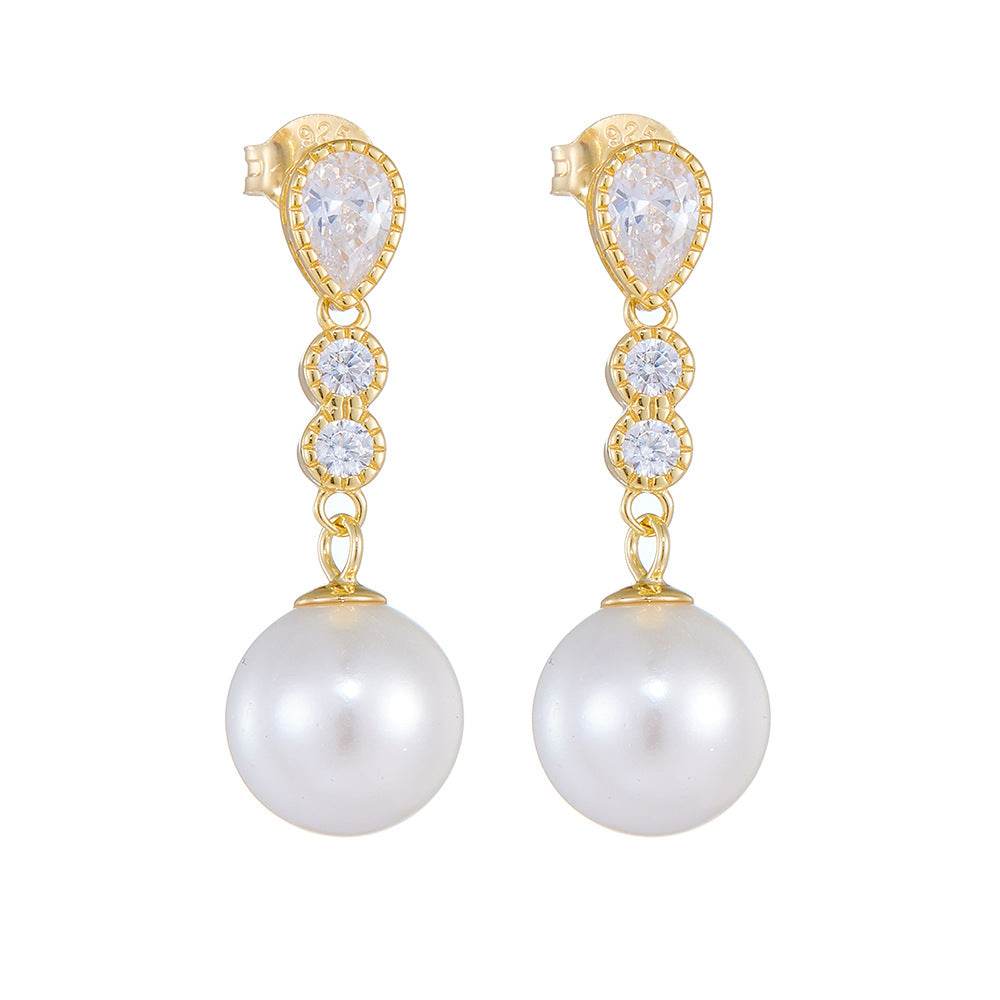Long silver pearl earrings with light luxury and diamond studded earrings - MOWTE