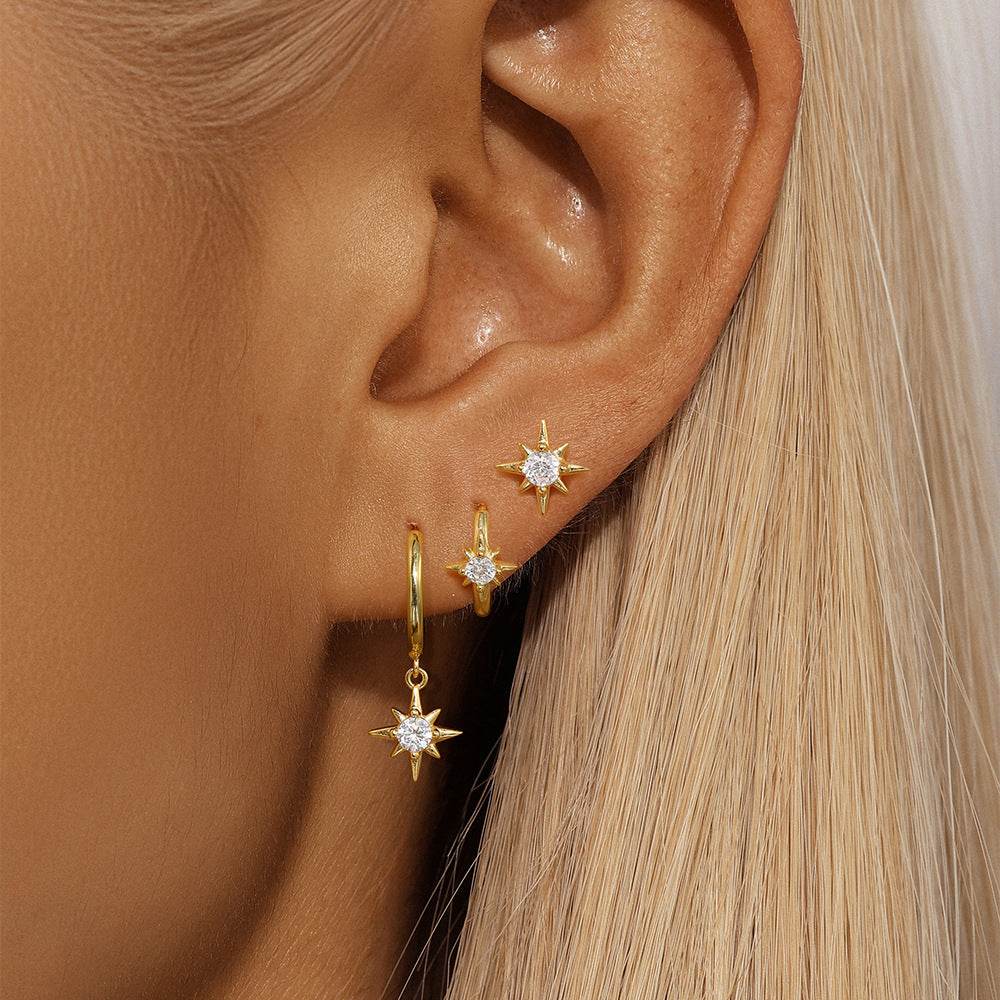 S925 sterling silver diamond studded earrings set with enamel temperament and octagonal star earrings - MOWTE