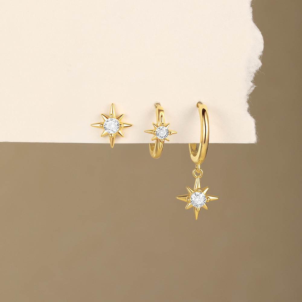 S925 sterling silver diamond studded earrings set with enamel temperament and octagonal star earrings - MOWTE
