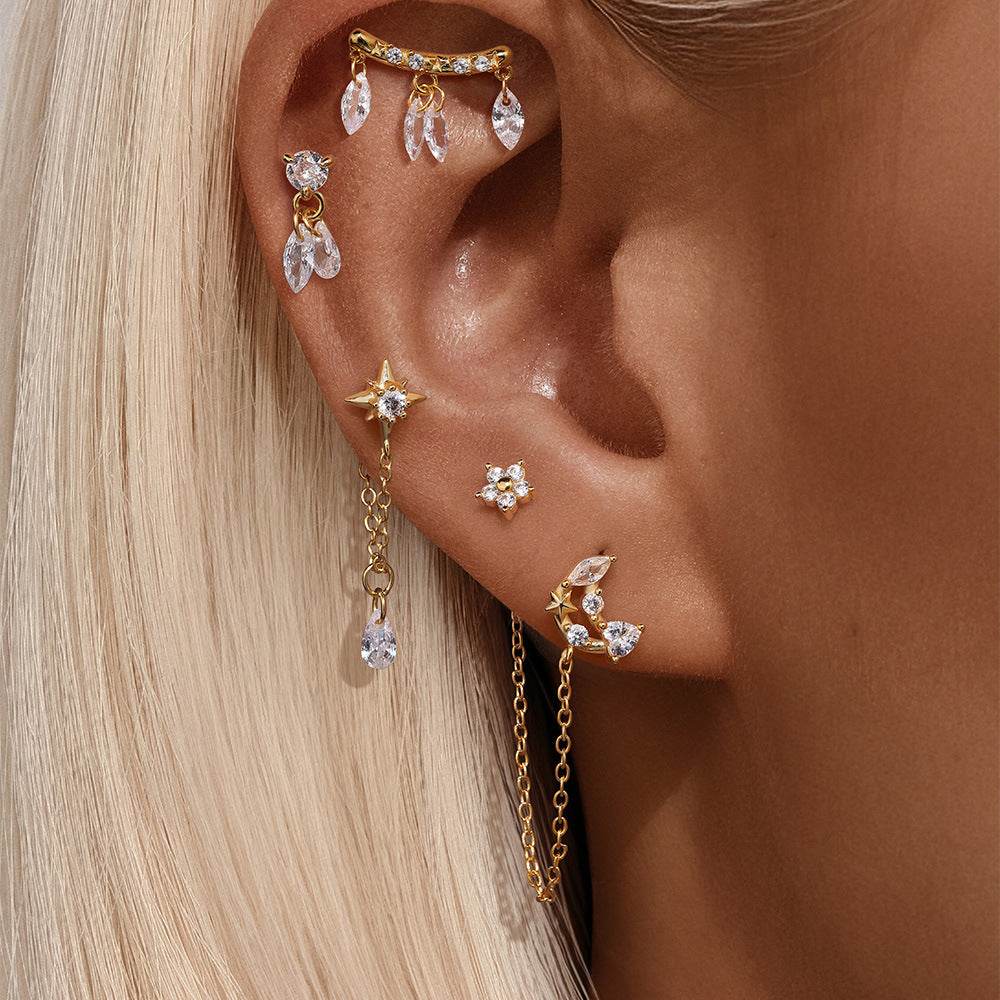S925 sterling silver hexagonal star exquisite layered commuting earrings with flower studded diamonds - MOWTE