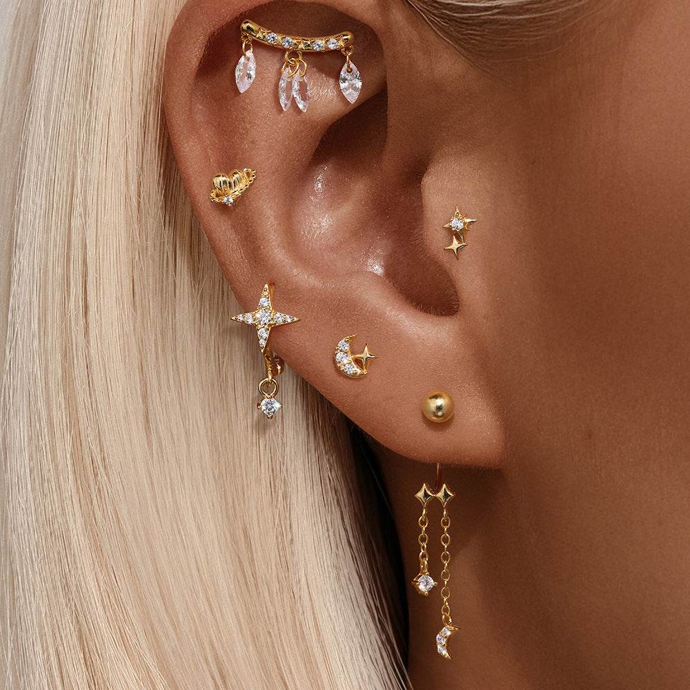 S925 sterling silver studded with diamonds exquisite heart stars moon small earrings - MOWTE
