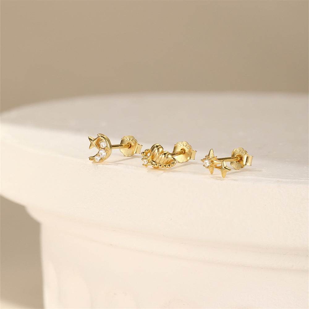 S925 sterling silver studded with diamonds exquisite heart stars moon small earrings - MOWTE