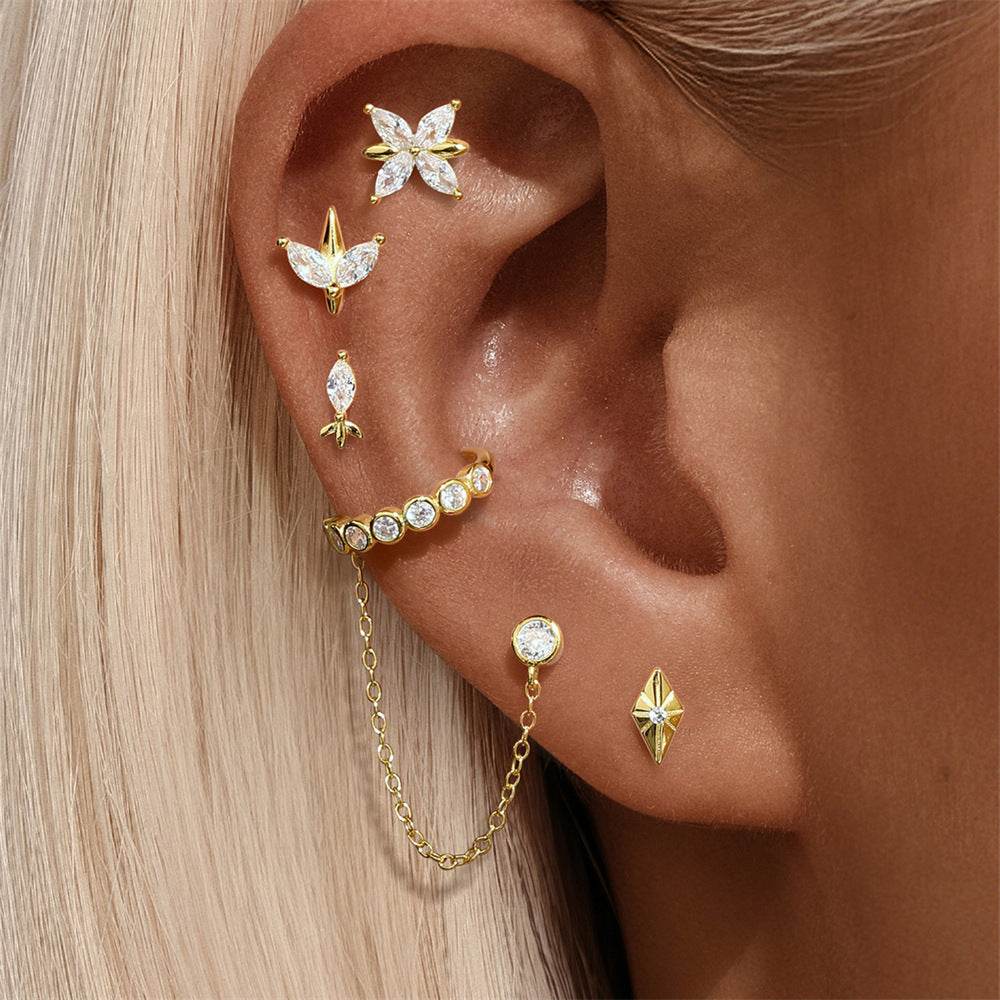 S925 pure silver heart-shaped moonstone inlaid with diamonds, flat head internal thread puncture cartilage earrings - MOWTE