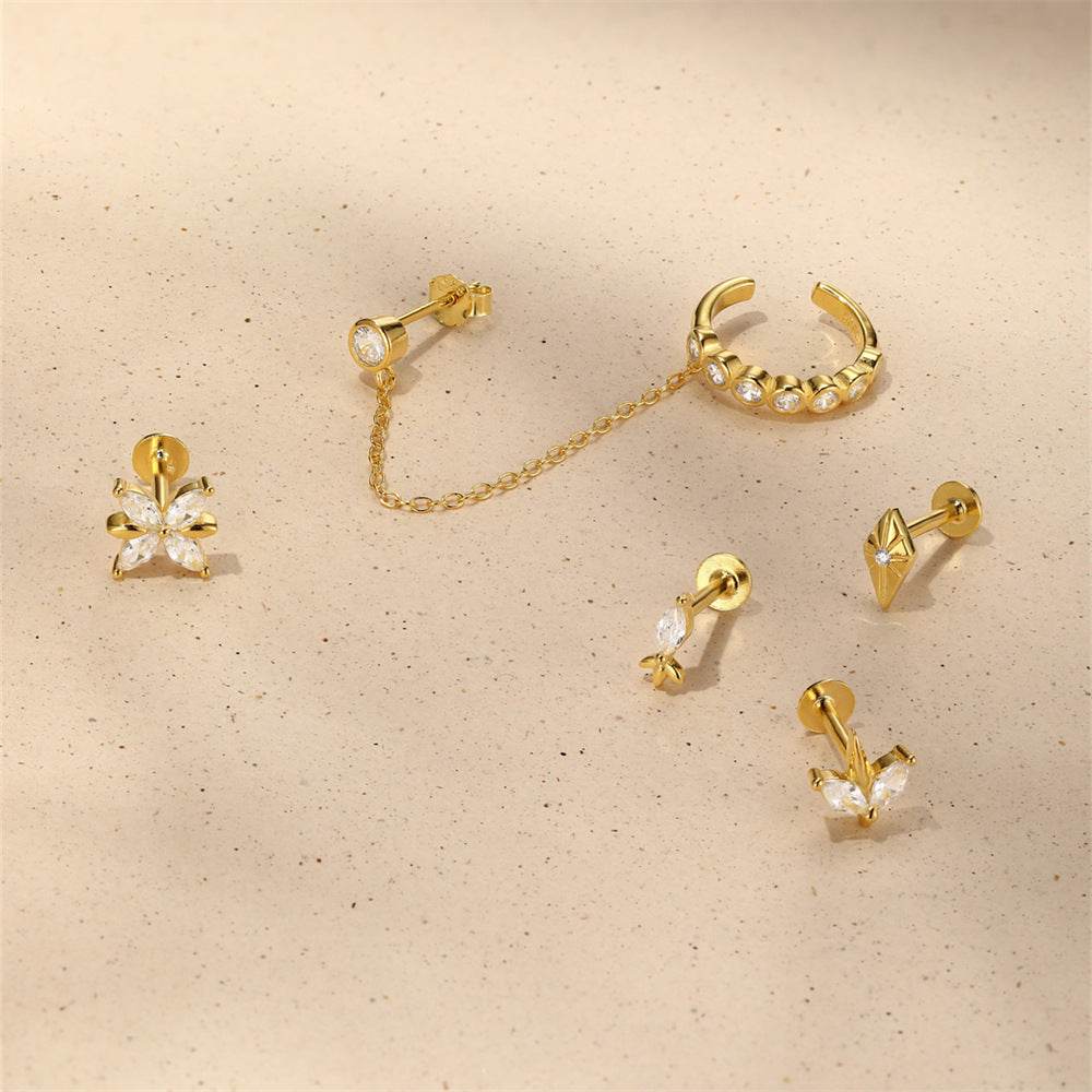 S925 pure silver heart-shaped moonstone inlaid with diamonds, flat head internal thread puncture cartilage earrings - MOWTE