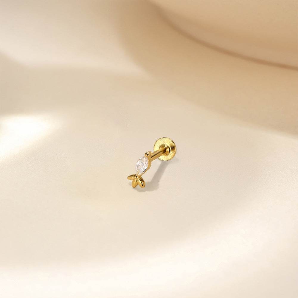 S925 pure silver heart-shaped moonstone inlaid with diamonds, flat head internal thread puncture cartilage earrings - MOWTE