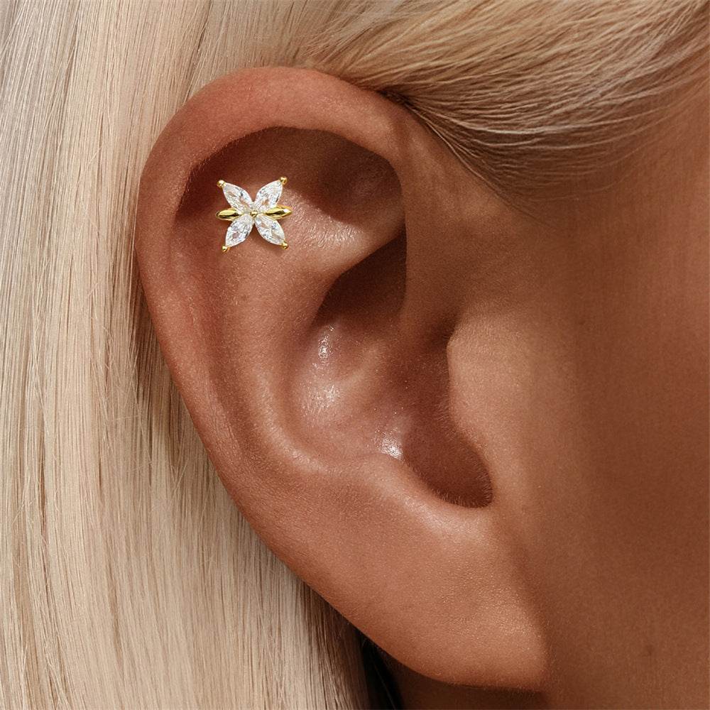 S925 pure silver heart-shaped moonstone inlaid with diamonds, flat head internal thread puncture cartilage earrings - MOWTE