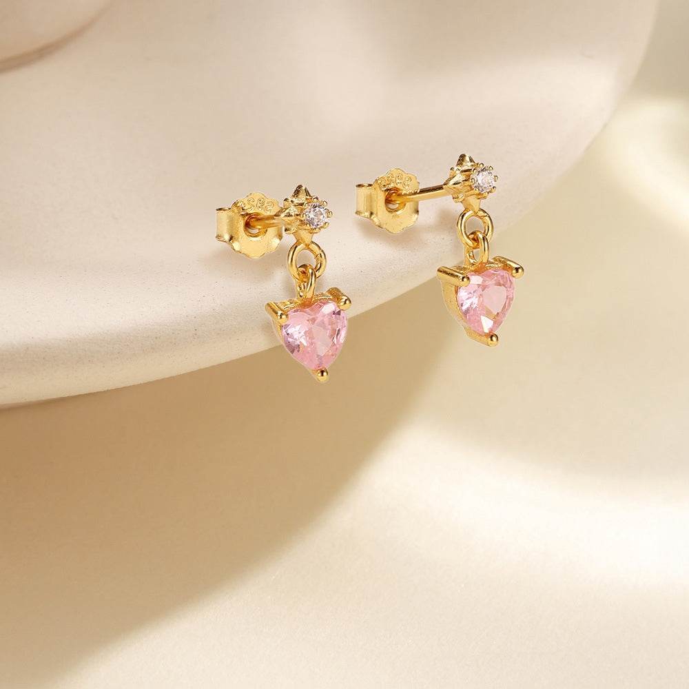 S925 silver design powder zirconium heart fashionable and popular earrings - MOWTE
