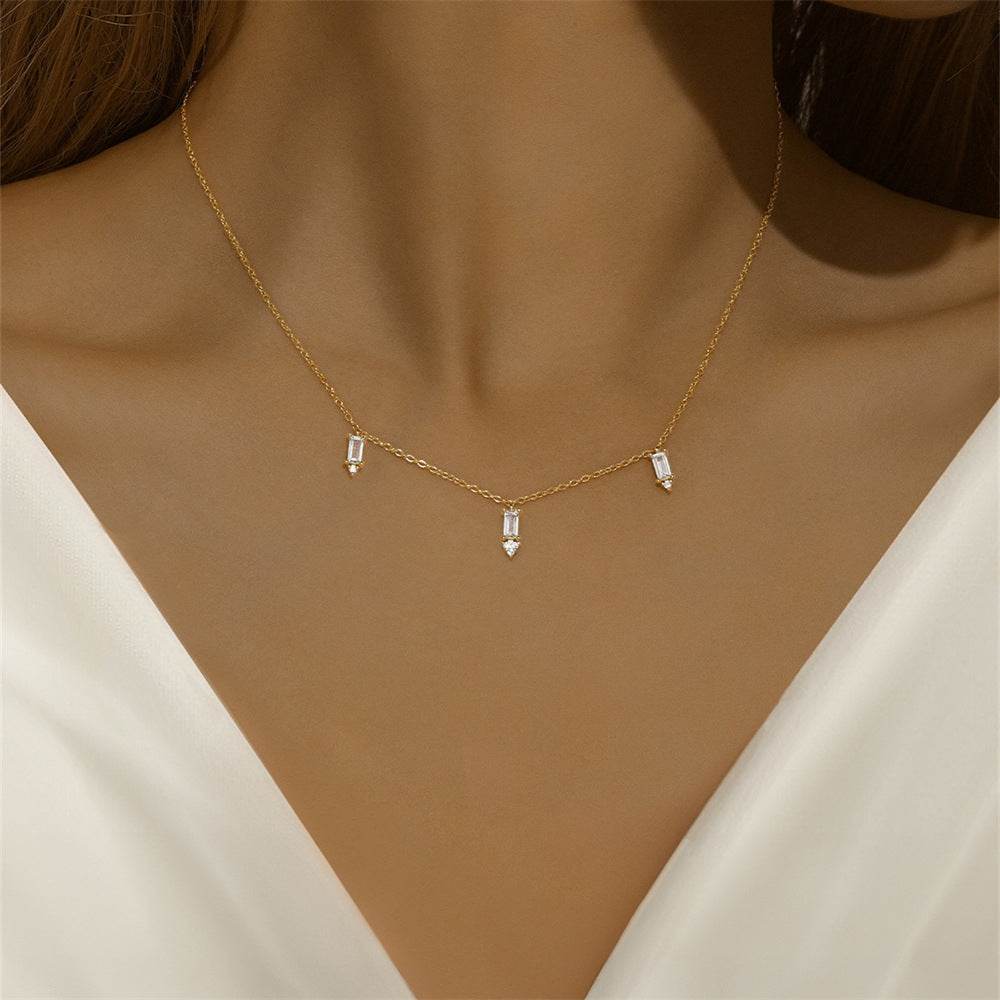 S925 sterling silver layered square diamond studded collarbone necklace - MOWTE