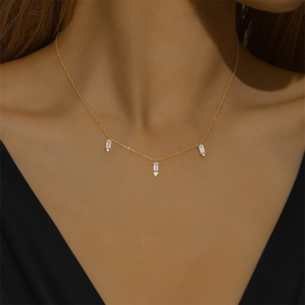 S925 sterling silver layered square diamond studded collarbone necklace - MOWTE