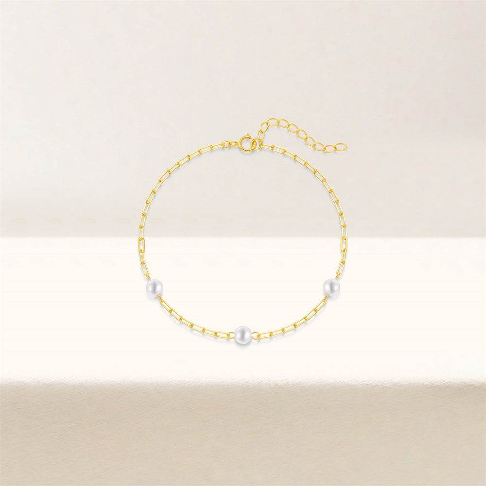 S925 sterling silver daily matching pearl paperclip chain bracelet - MOWTE