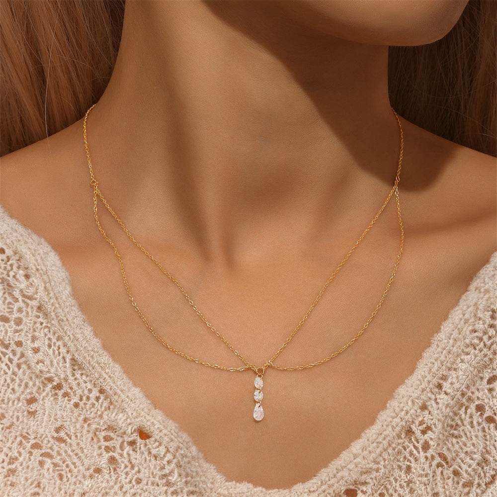 S925 pure silver daily pendant with heart double layered diamond inlaid necklace collarbone chain holiday gift - MOWTE