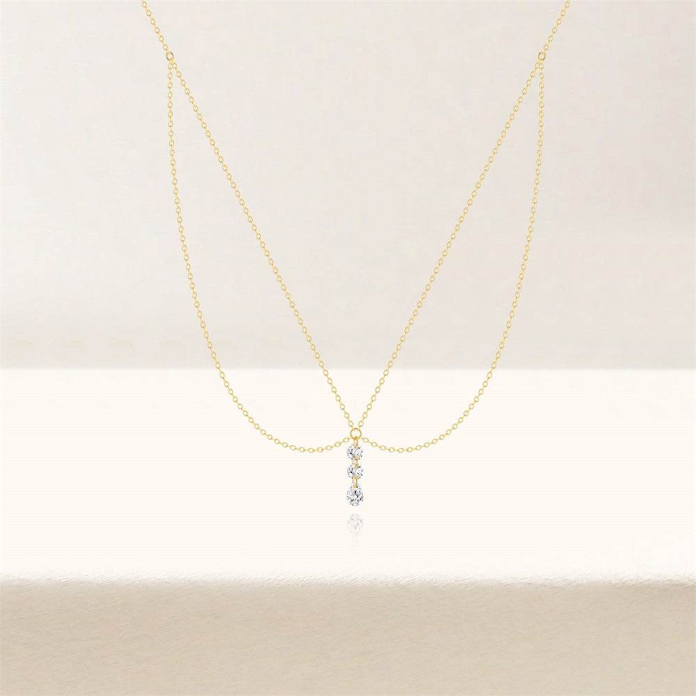 S925 pure silver daily pendant with heart double layered diamond inlaid necklace collarbone chain holiday gift - MOWTE