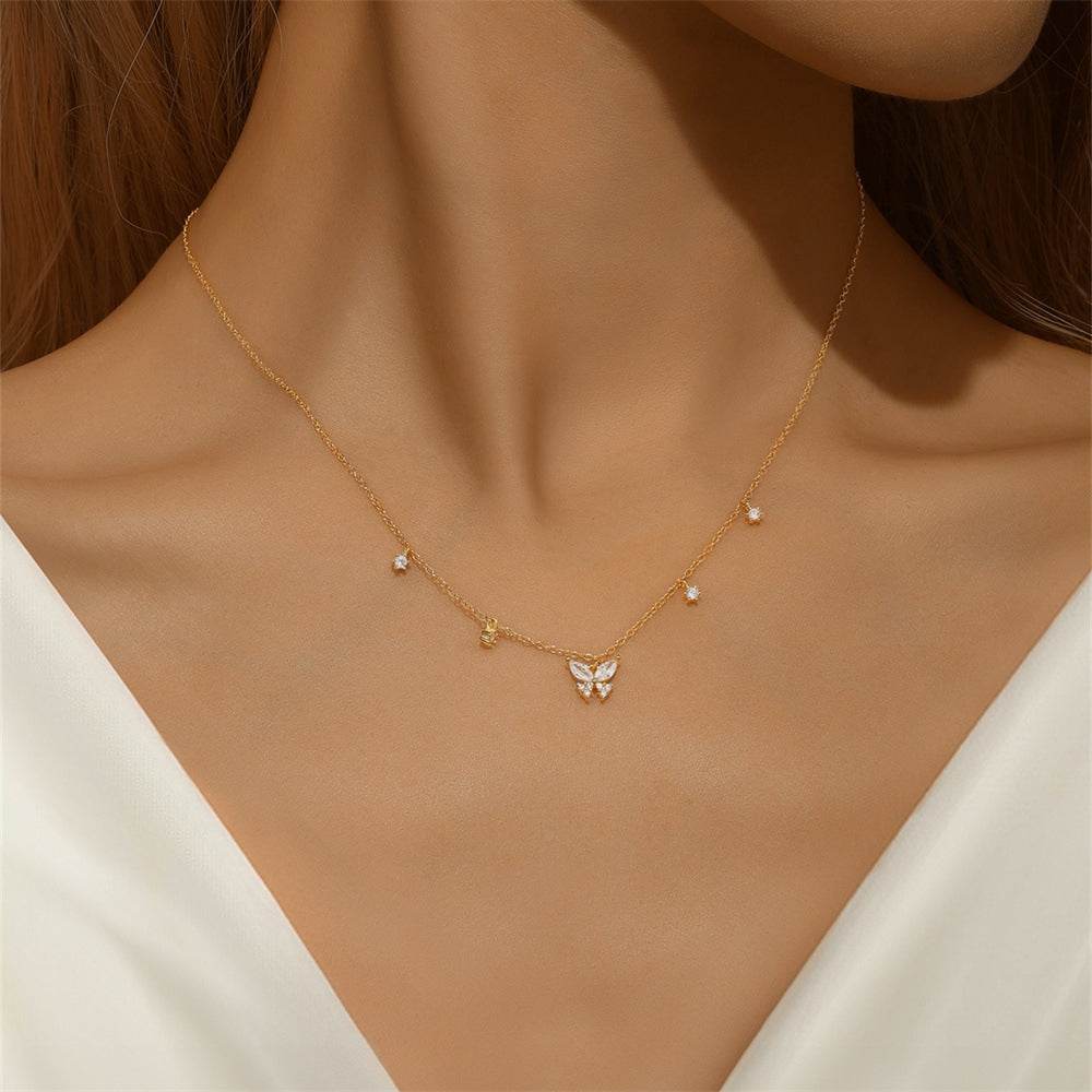 S925 pure silver butterfly set diamond layered women's collarbone necklace - MOWTE