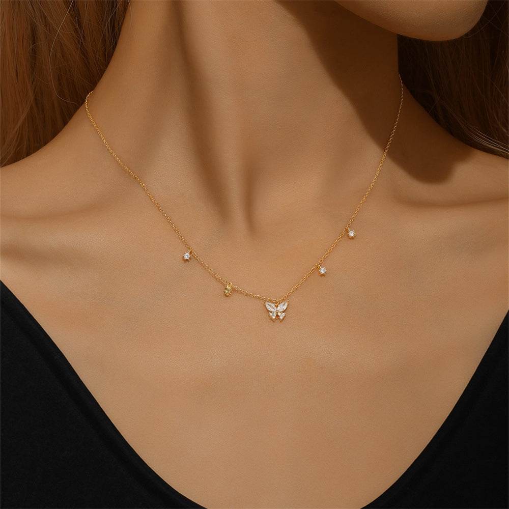 S925 pure silver butterfly set diamond layered women's collarbone necklace - MOWTE