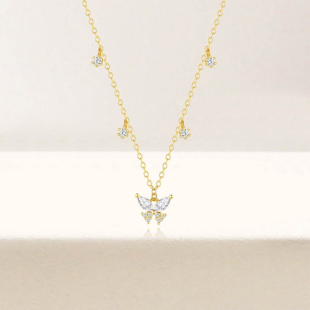 S925 pure silver butterfly set diamond layered women's collarbone necklace - MOWTE