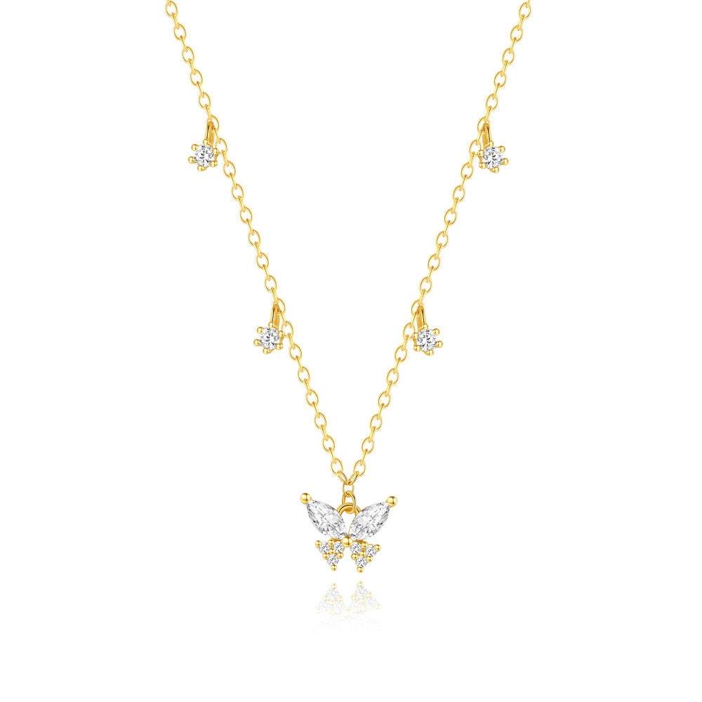S925 pure silver butterfly set diamond layered women's collarbone necklace - MOWTE