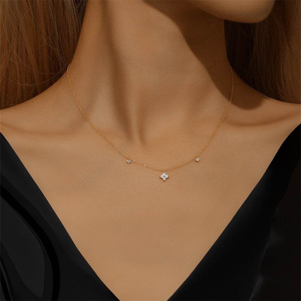 S925 silver inlaid diamond petals four leaf flower layered necklace, exquisite sparkling diamond collarbone chain for women - MOWTE