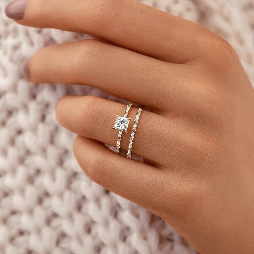 S925 Pure Silver Luxury Square Diamond Set Ring Women's Carat Ring - MOWTE