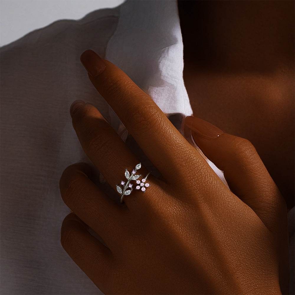 925 sterling silver leaf pink flower opening ring - MOWTE