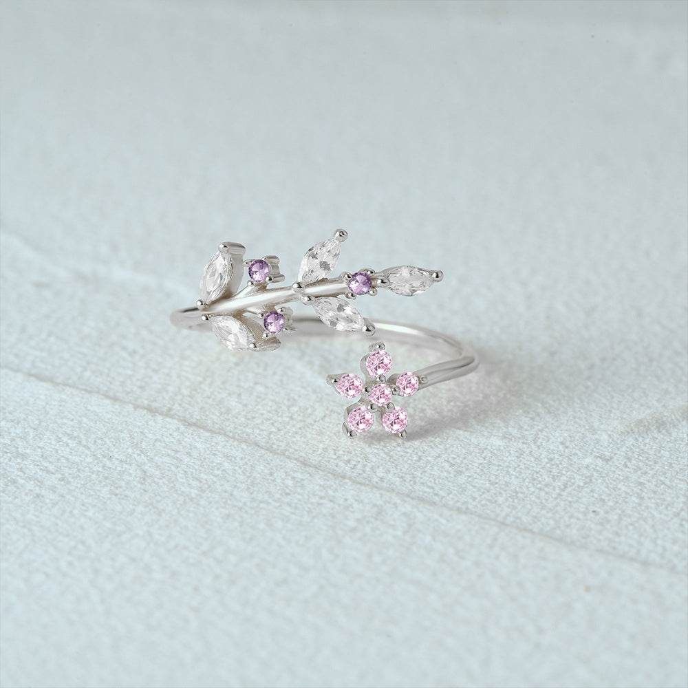 925 sterling silver leaf pink flower opening ring - MOWTE
