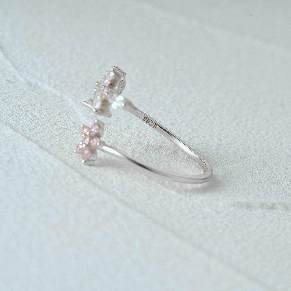 925 sterling silver leaf pink flower opening ring - MOWTE