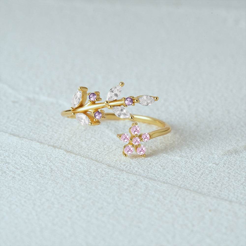 925 sterling silver leaf pink flower opening ring - MOWTE