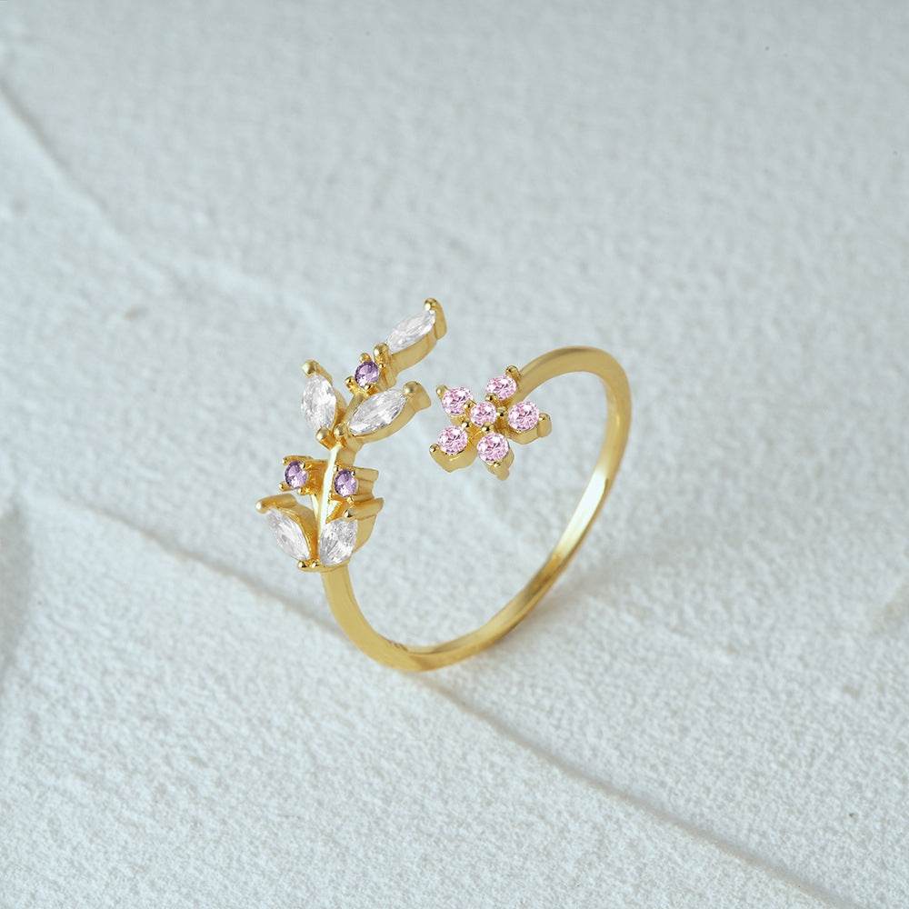 925 sterling silver leaf pink flower opening ring - MOWTE