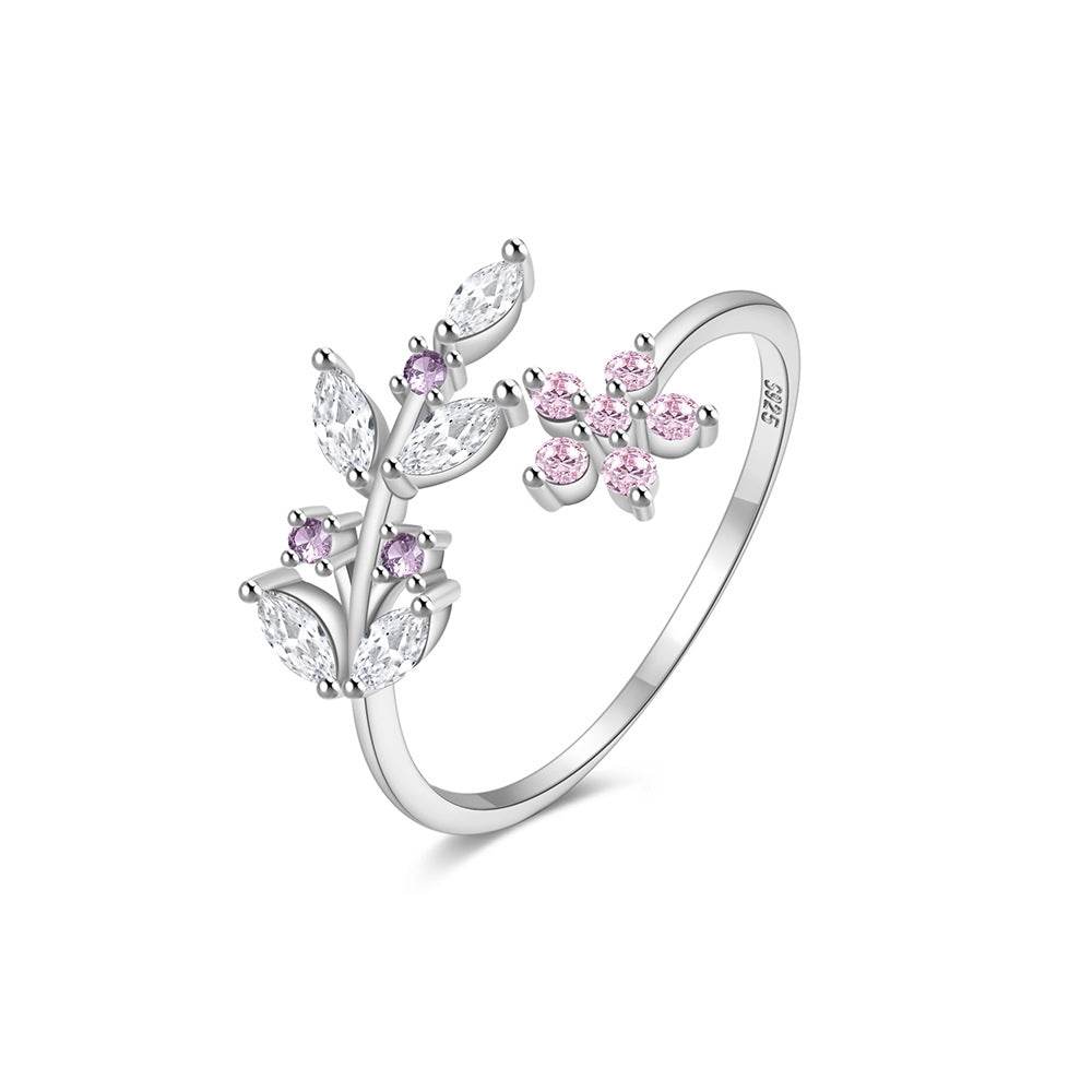 925 sterling silver leaf pink flower opening ring - MOWTE