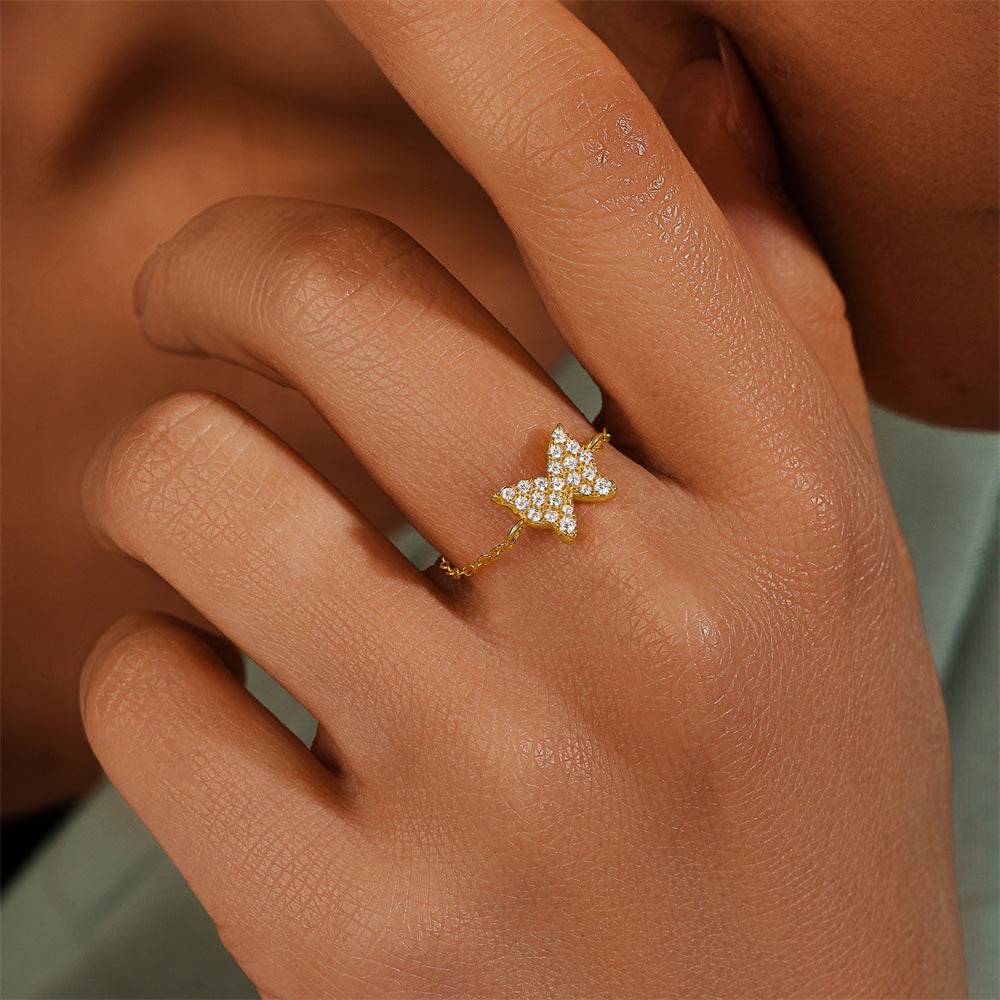 925 sterling silver diamond studded adjustable chain ring - MOWTE