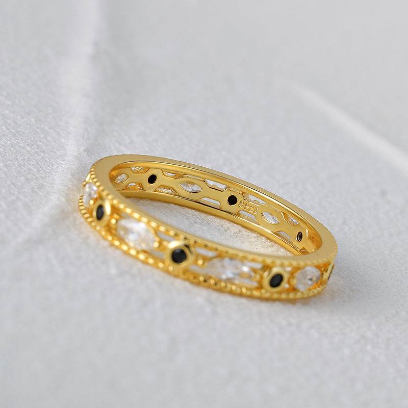 S925 pure silver black stone stackable ring - MOWTE