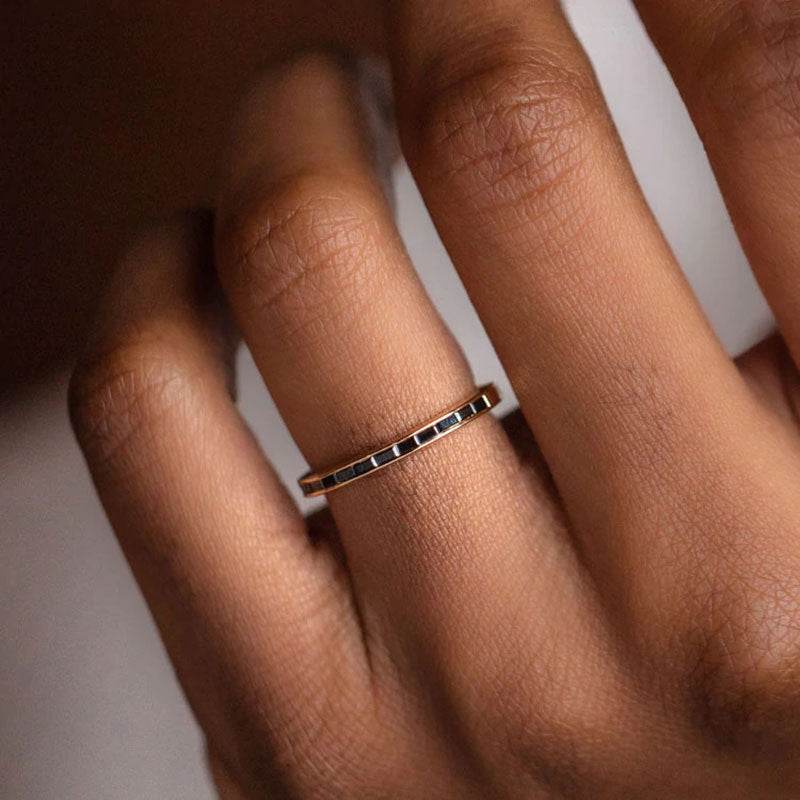 S925 pure silver black stone stackable ring - MOWTE