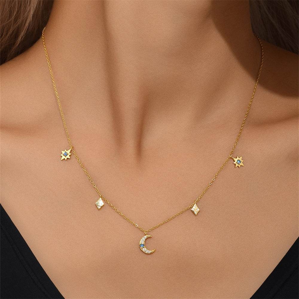 S925 sterling silver star moon inlaid with Australian treasure layering item - MOWTE