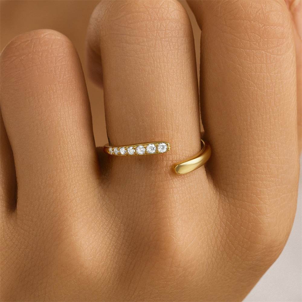 S925 pure silver curved petal single row diamond inlaid luxurious stacked open ring - MOWTE
