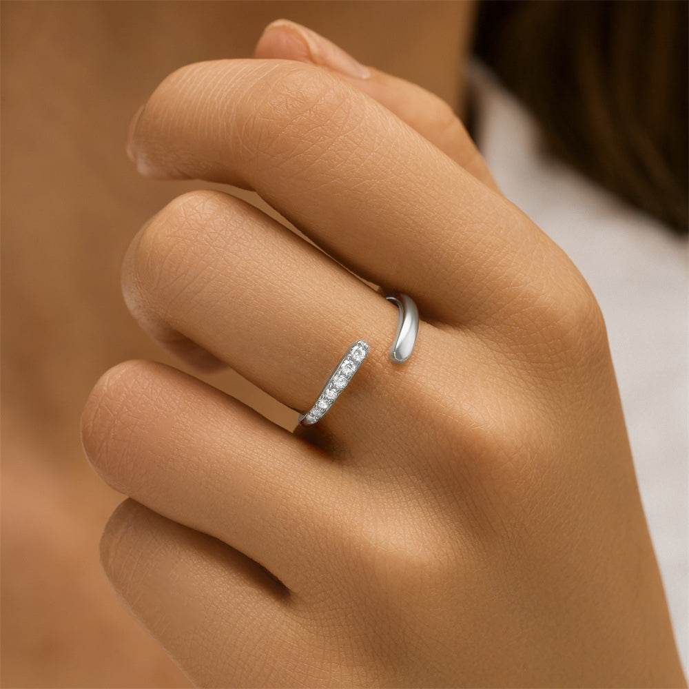 S925 pure silver curved petal single row diamond inlaid luxurious stacked open ring - MOWTE