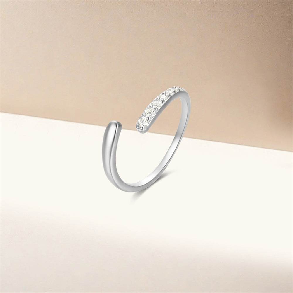 S925 pure silver curved petal single row diamond inlaid luxurious stacked open ring - MOWTE