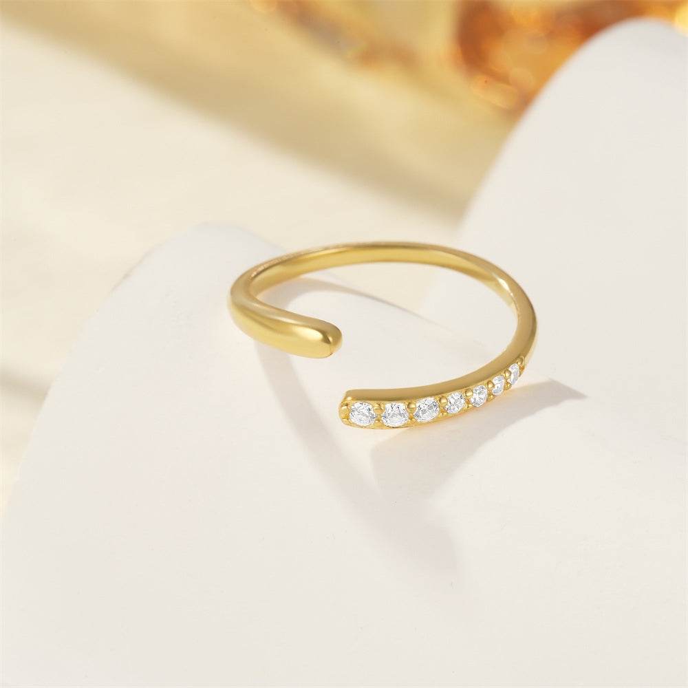 S925 pure silver curved petal single row diamond inlaid luxurious stacked open ring - MOWTE