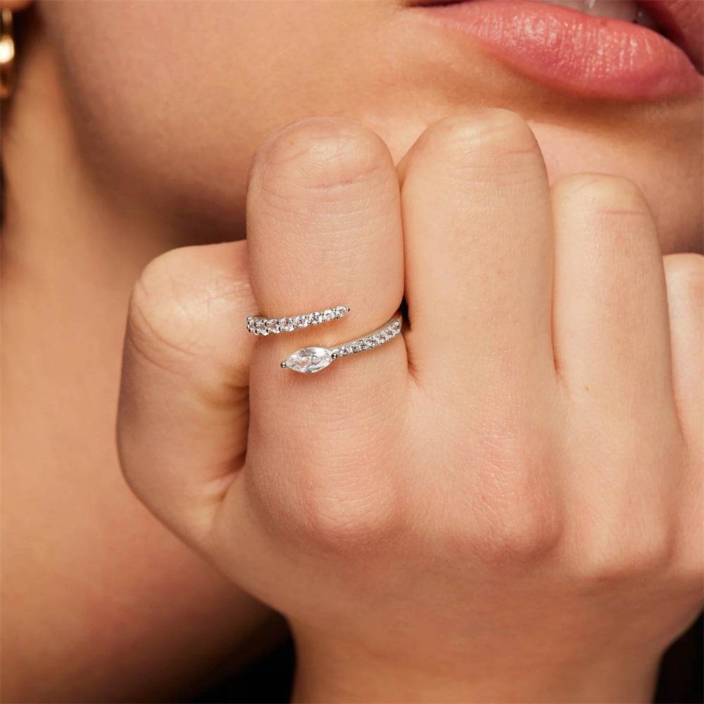 S925 pure silver curved petal single row diamond inlaid luxurious stacked open ring - MOWTE