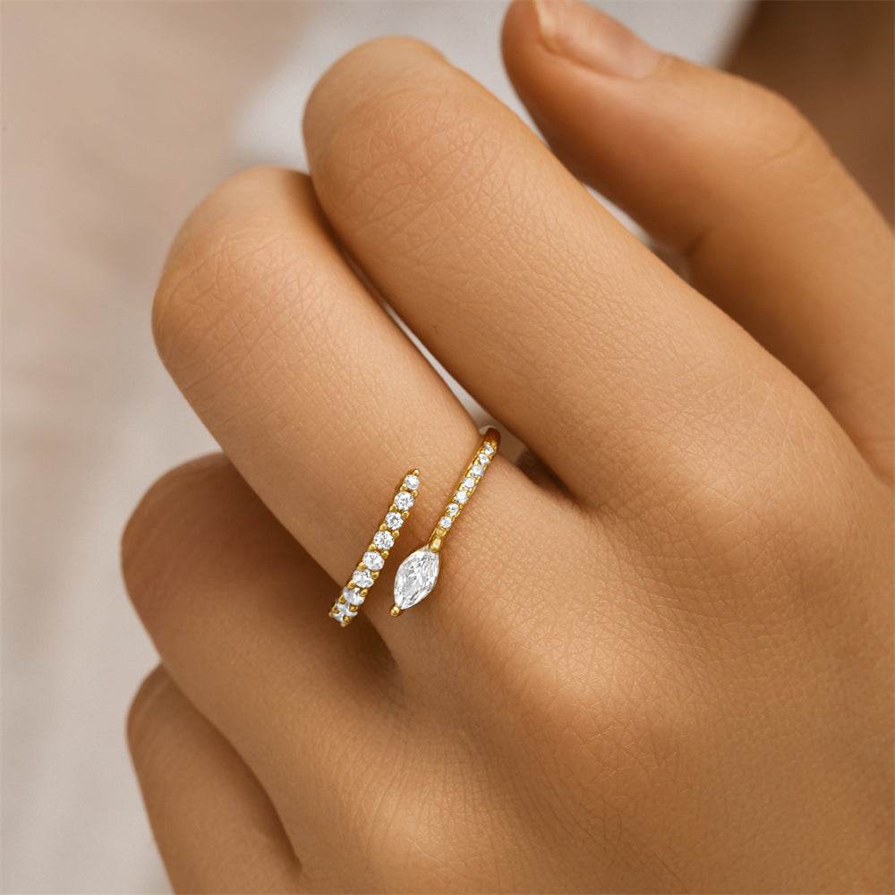 S925 pure silver curved petal single row diamond inlaid luxurious stacked open ring - MOWTE