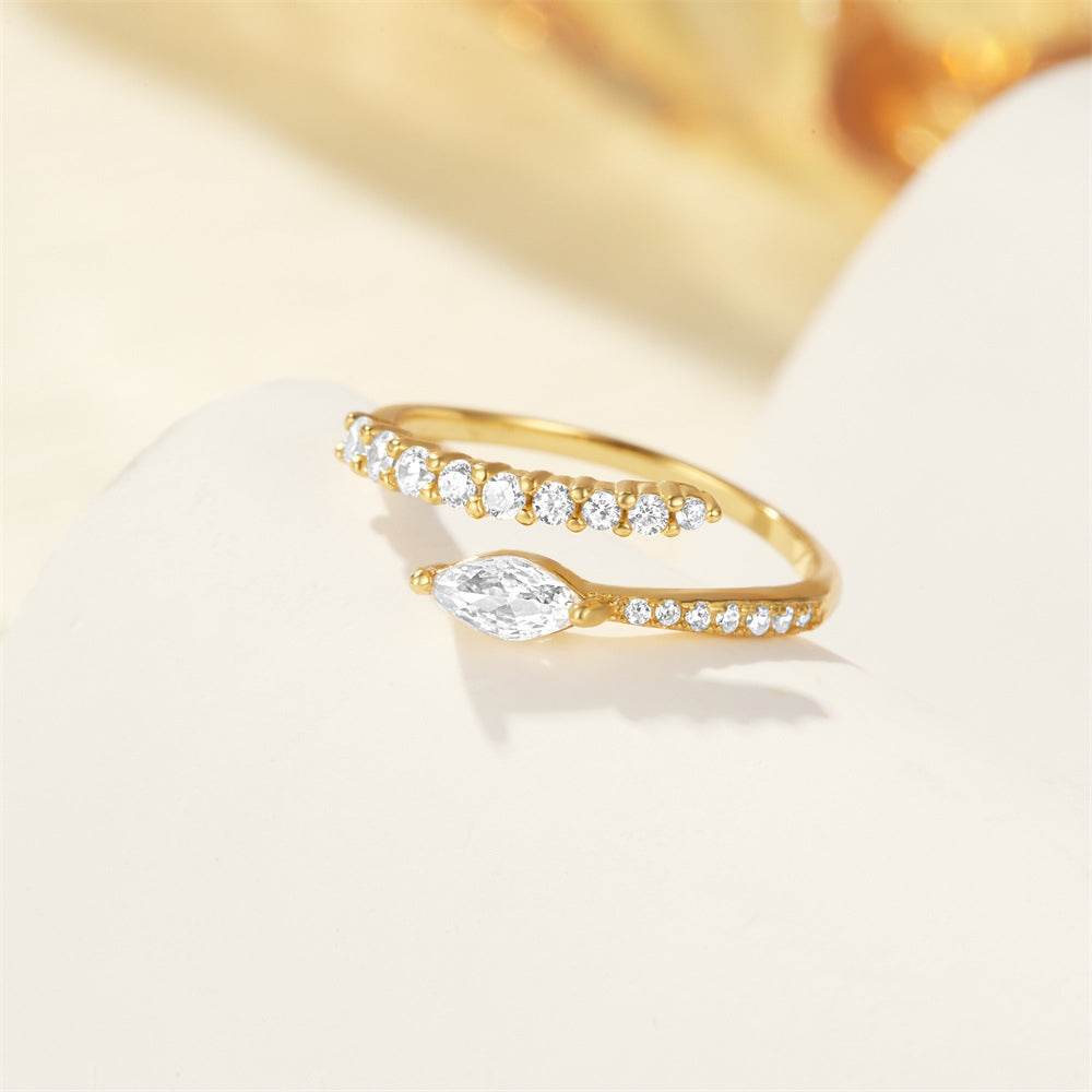 S925 pure silver curved petal single row diamond inlaid luxurious stacked open ring - MOWTE