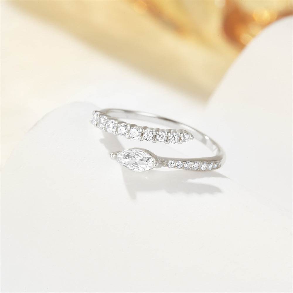 S925 pure silver curved petal single row diamond inlaid luxurious stacked open ring - MOWTE