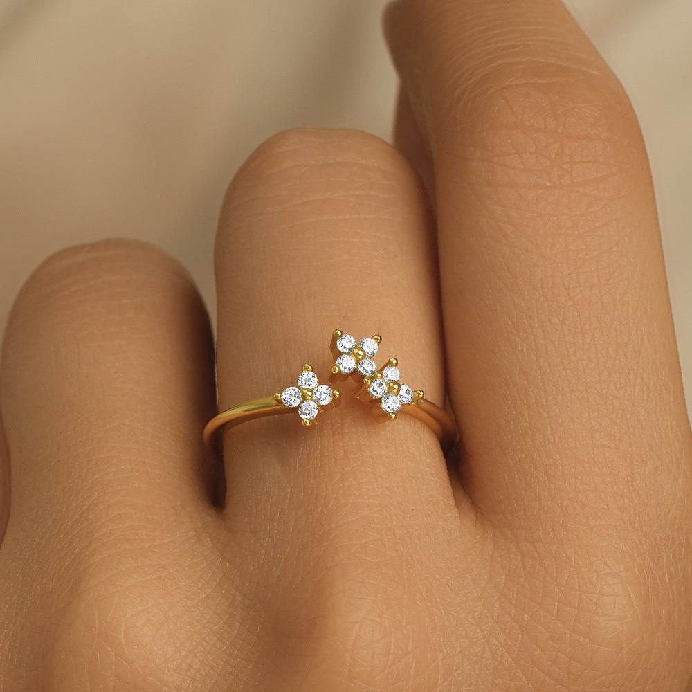 S925 sterling silver diamond encrusted petal daily matching open ring - MOWTE